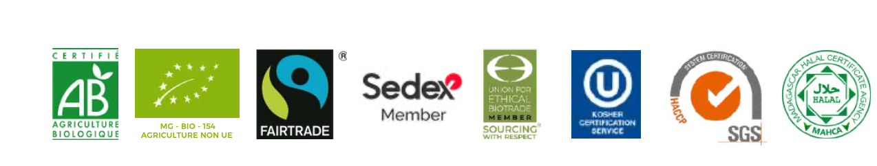 Logos for organic agriculture, Fairtrade, Sedex, Union for Ethical BioTrade, kosher, SGS and halal